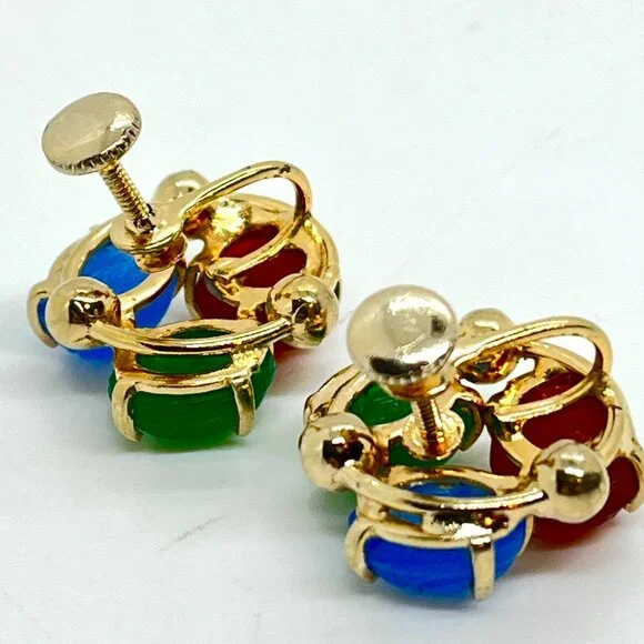 Vintage GLASS SCARAB Earrings Egyptian Revival Gold Tone Screwback - Picture 12 of 13